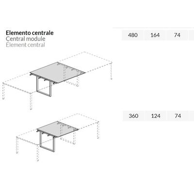 Immagine esemplificativa dei tavoli L360 e L480 composti da 3 piani, con 2 gambe centrali ad anello 