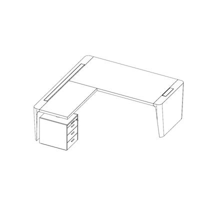 Immagine tecnica della scrivania X10 con allungo ambidestro e cassettiera portante 